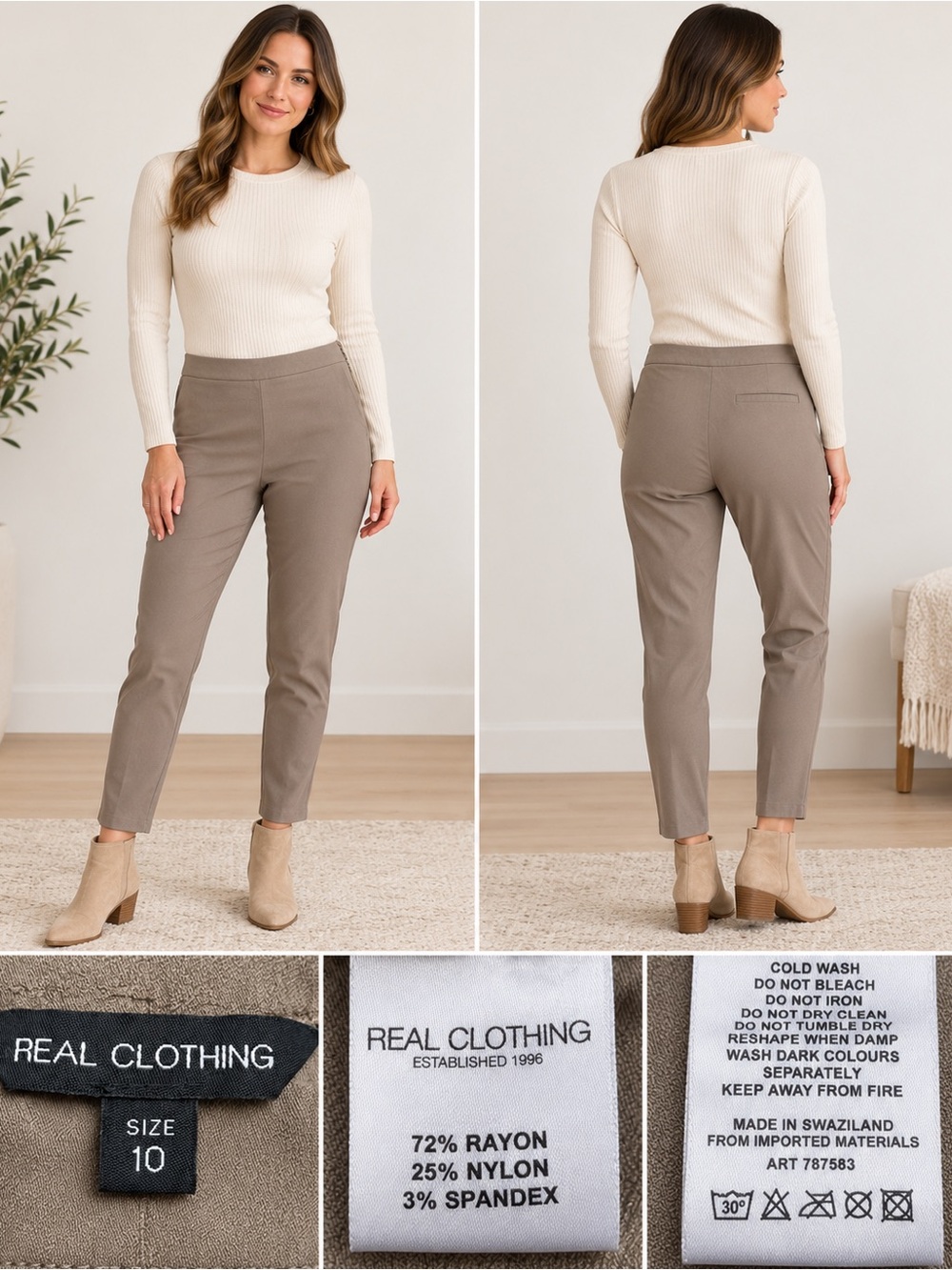 Real Clothing Taupe Slim Ankle Pants - Size 10 Minimalist Stretch Business